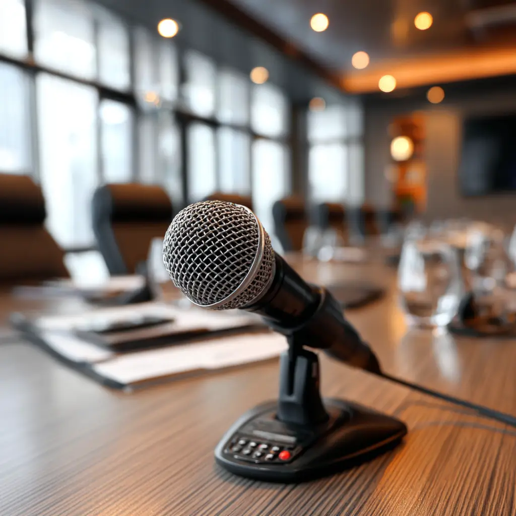 Professional desktop microphone in modern conference room with control buttons and corporate meeting space background