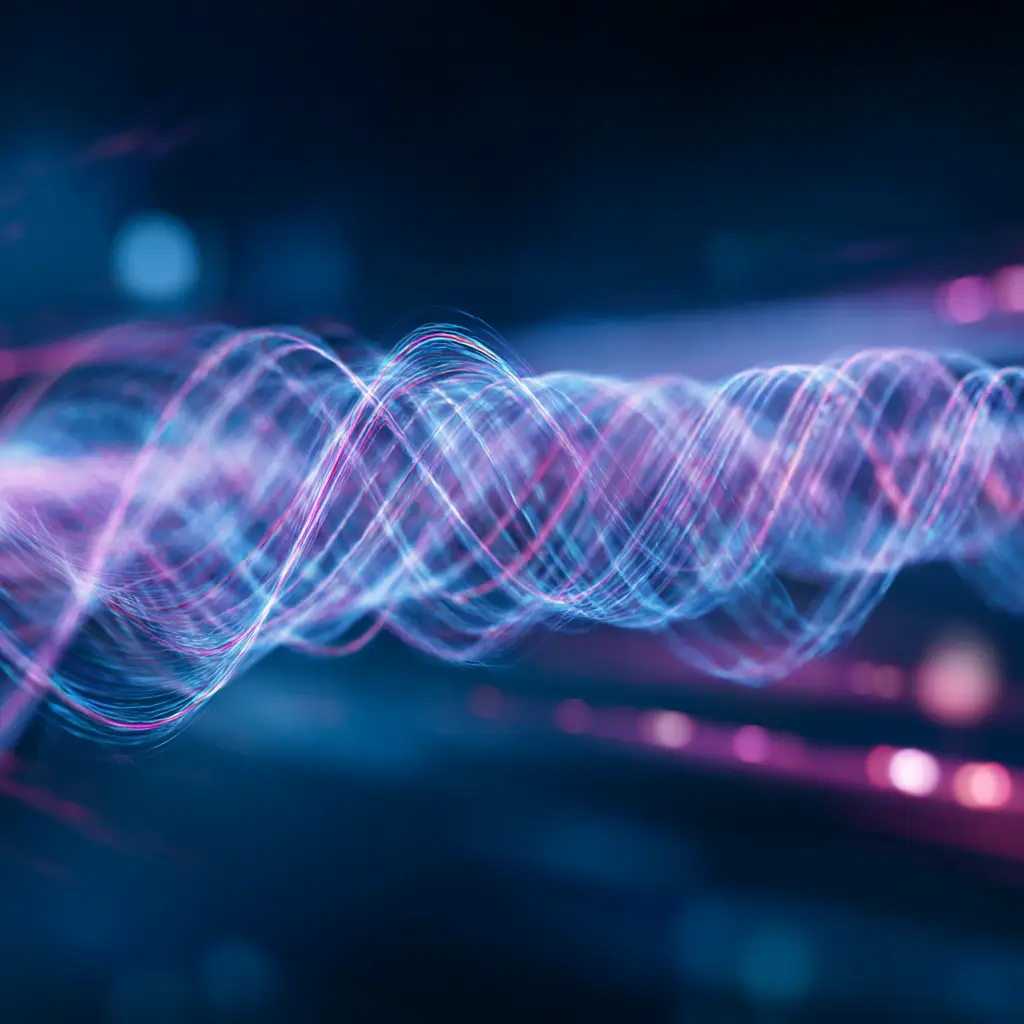 Abstract visualization of radio frequency waves and electromagnetic interference patterns in blue and purple, illustrating the complex RF environment that affects wireless AV equipment performance