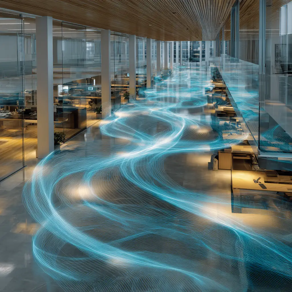 Visualization of wireless RF signals as flowing blue light streams weaving through a modern corporate office space, representing the invisible radio frequency environment that affects commercial AV equipment