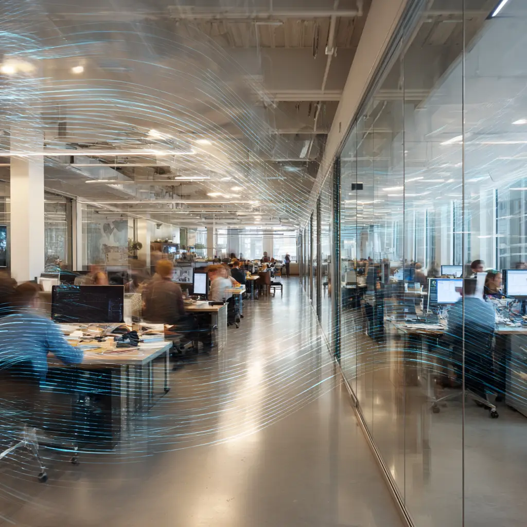 Open plan office with visible sound wave reflections showing acoustic challenges from hard surfaces like glass walls and concrete floors