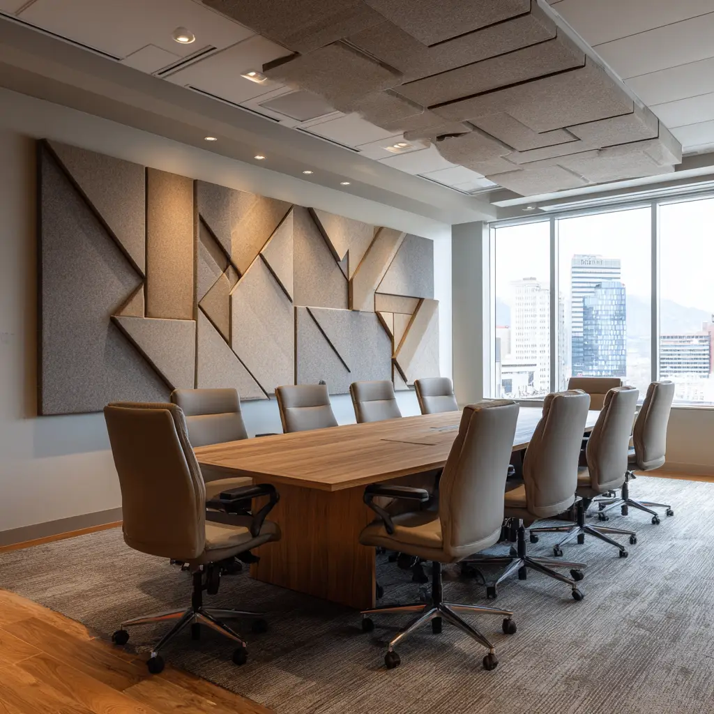Modern conference room with geometric acoustic panels on walls and ceiling clouds, featuring natural lighting and professional workspace design