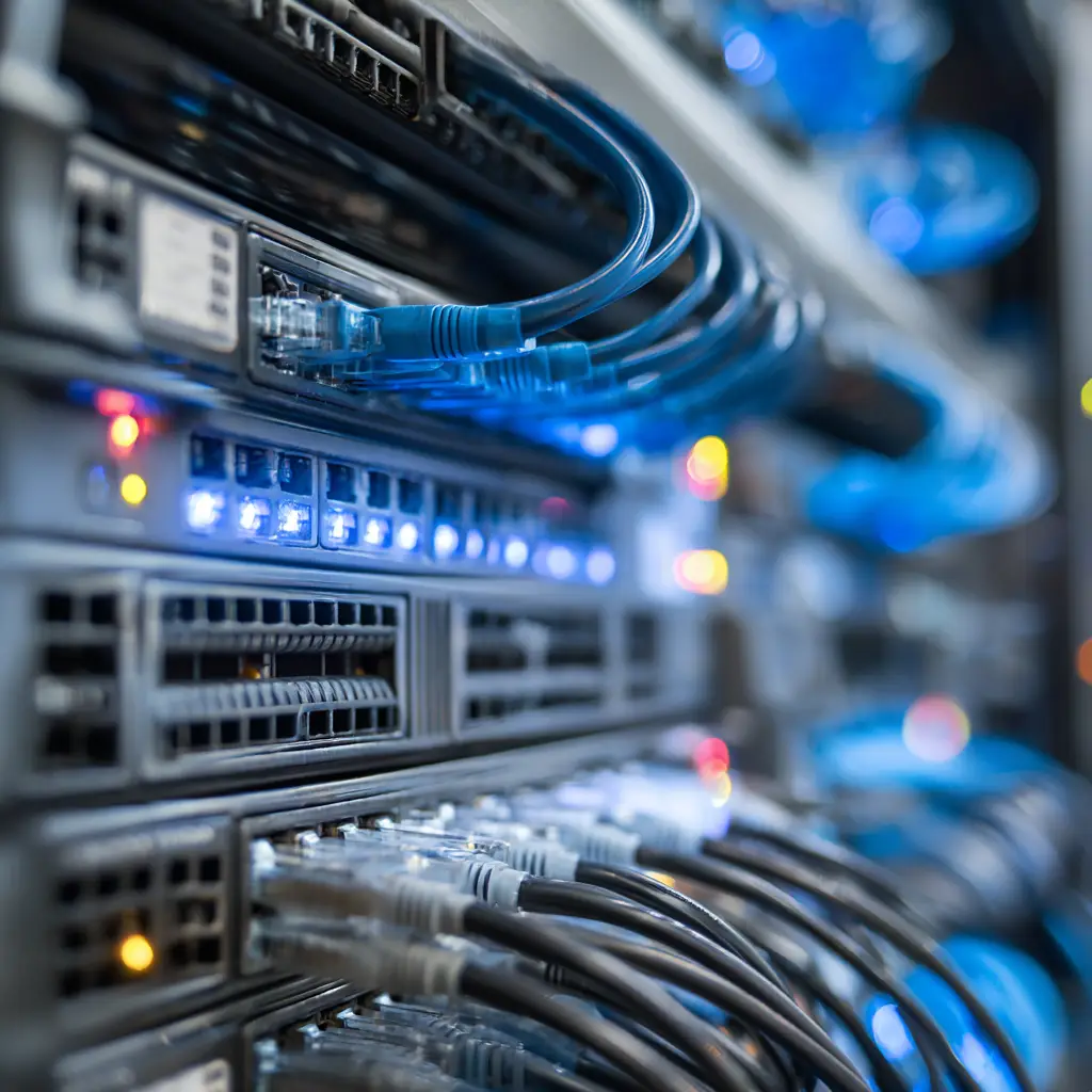 Professional network infrastructure with organized ethernet cables and LED status indicators in commercial AV server rack
