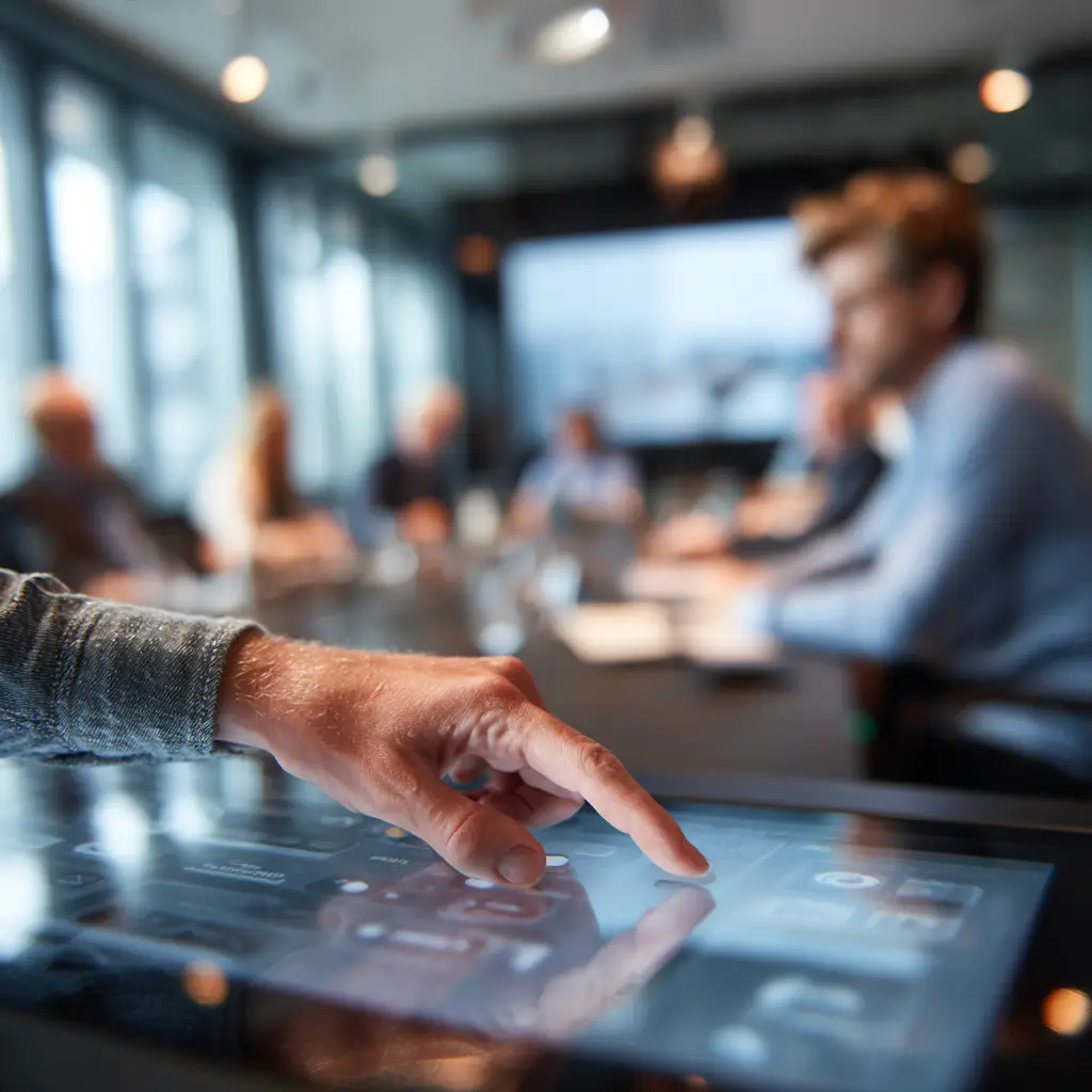 Business professional using conference room touch panel control system during active meeting