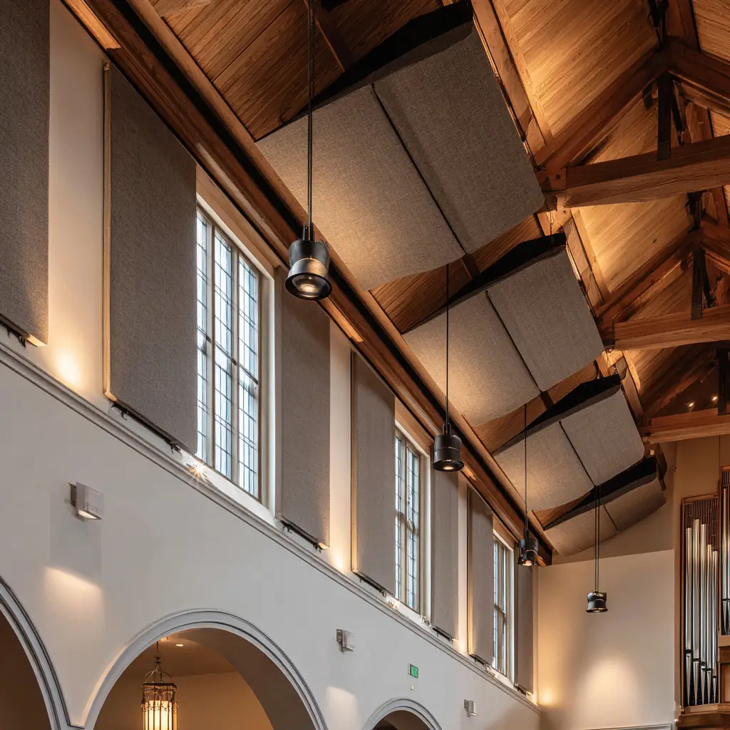 Acoustic panels integrated into church ceiling architecture to control sound reflections and improve audio clarity