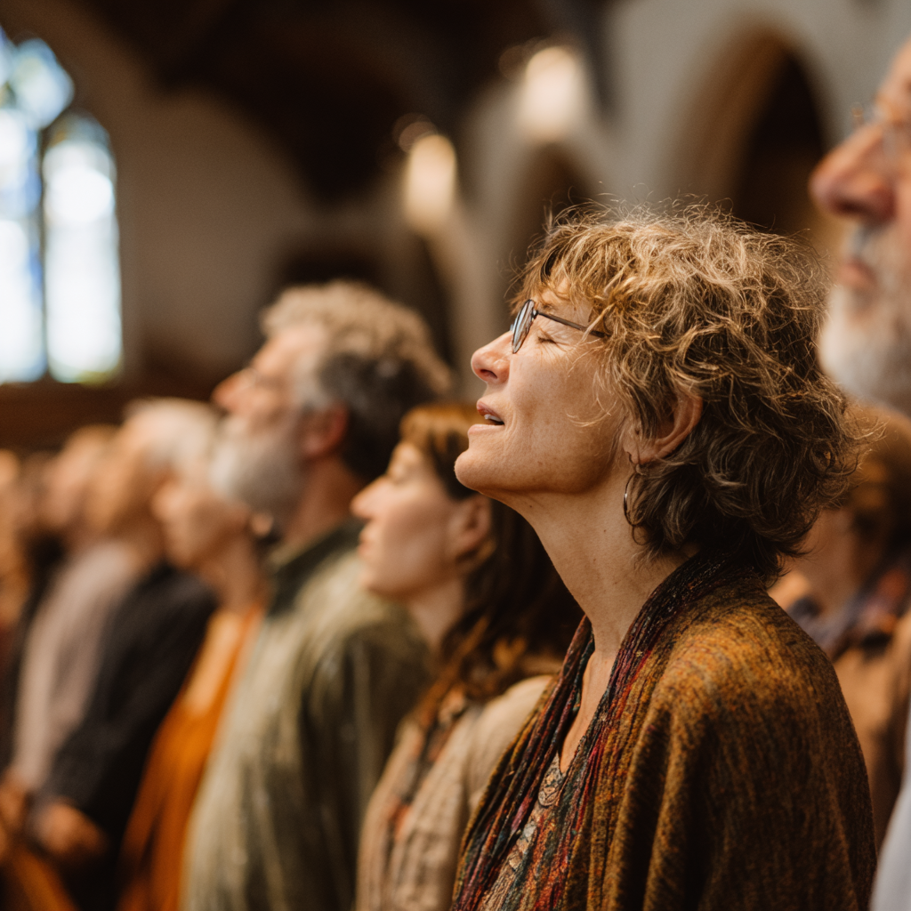 Woman engaged in worship service demonstrating the impact of clear church sound system on congregation experience