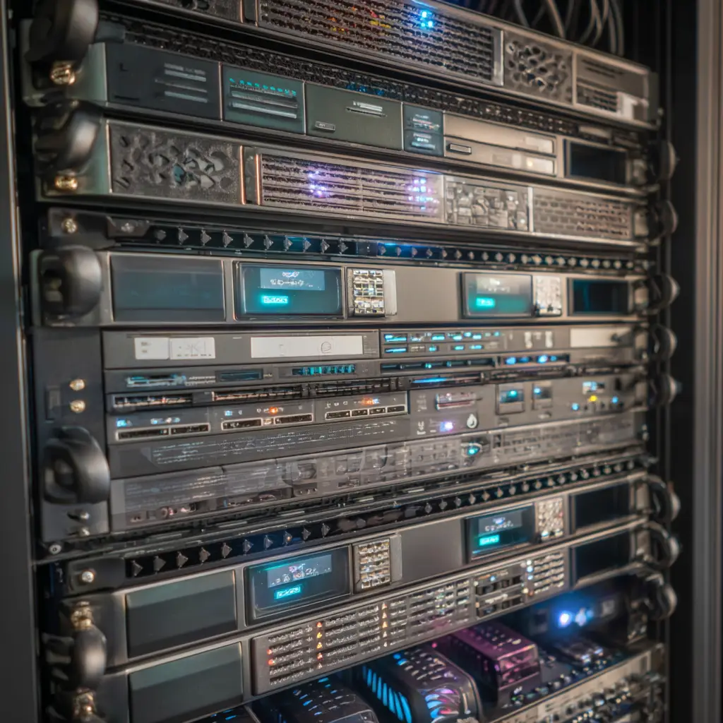 Professional AV equipment rack showing components that require routine inspection and firmware updates