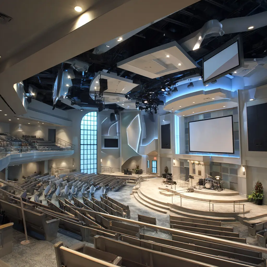 Large worship auditorium with extensive AV infrastructure requiring professional maintenance and service