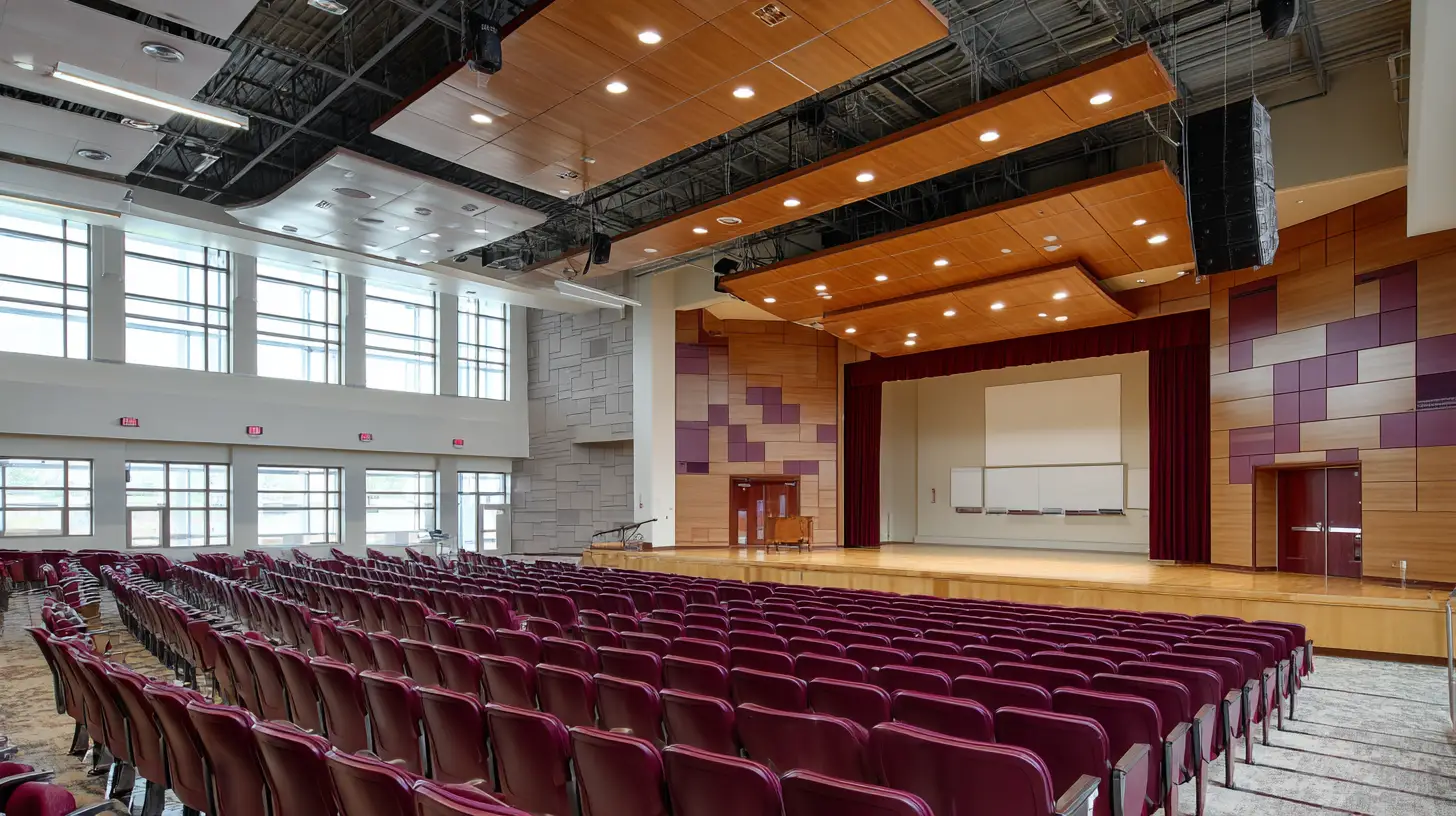 Modern school auditorium interior showing acoustic treatment panels, stage area, and seating layout designed for optimal sound distribution