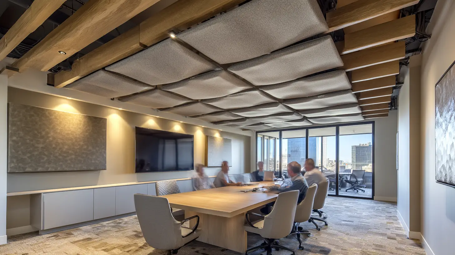 Conference room with acoustic ceiling clouds and wall panels for sound absorption