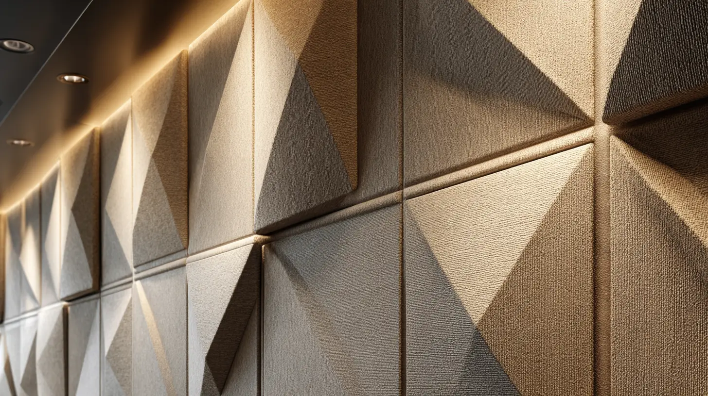 Geometric fabric-wrapped acoustic wall panels installed for commercial auditorium sound absorption and clarity
