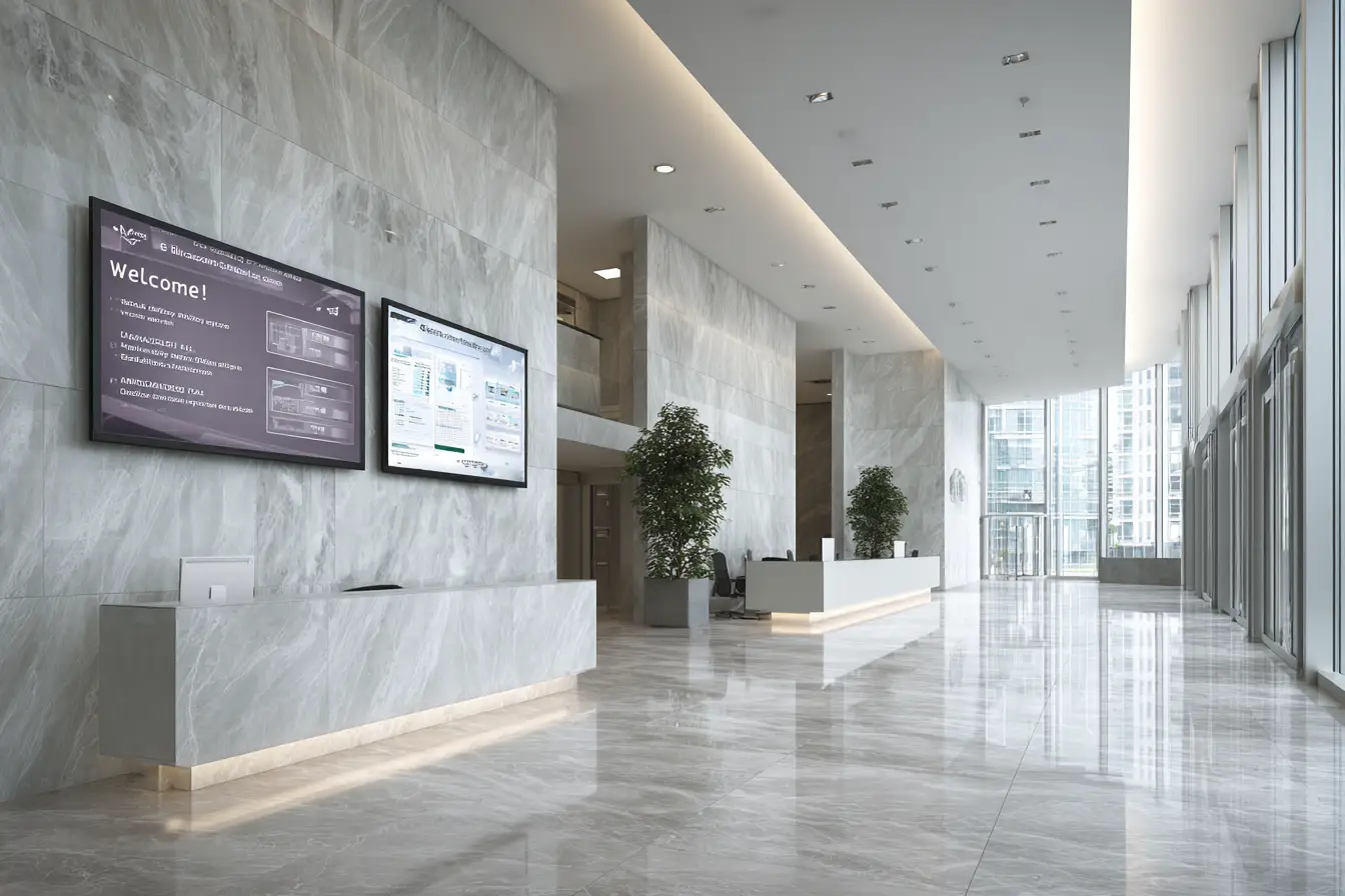 Modern corporate office lobby with wall-mounted digital signage displays showing welcome message and directory information