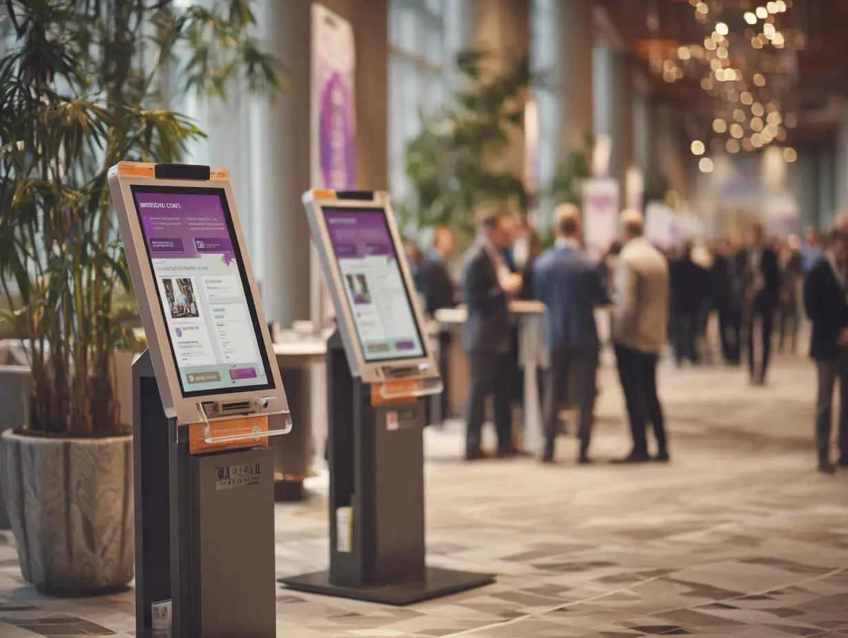 Interactive digital signage kiosks at professional conference entrance with attendees in background