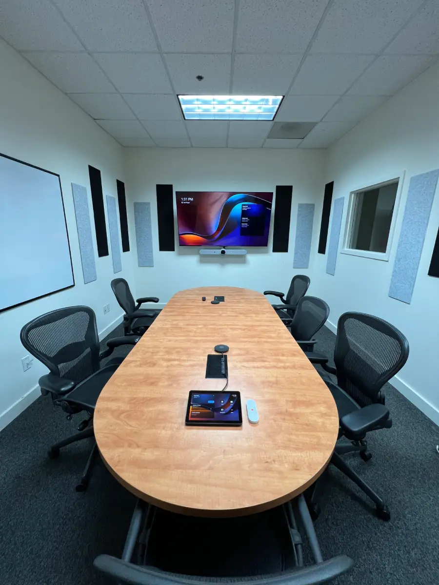 Conference room with acoustic treatment panels on walls alongside wall-mounted display and AV system by RYGID AV