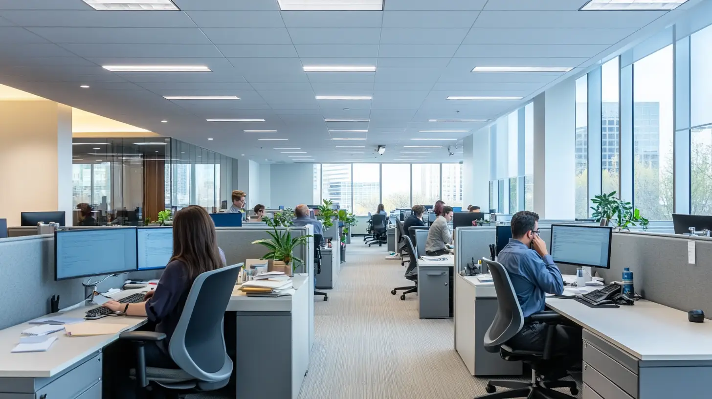 Employees working at open office workstations where conversations can travel across the space