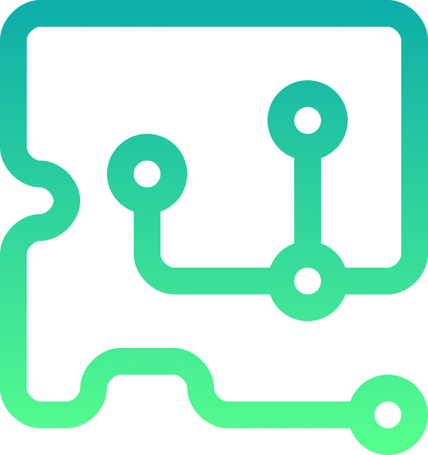 Abstract green gradient circuit-like shape with connected nodes on a black background.