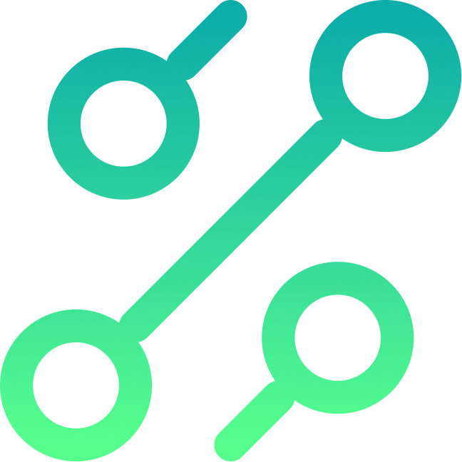 Four circles connected by lines forming a network or photonics design symbol in green gradient.