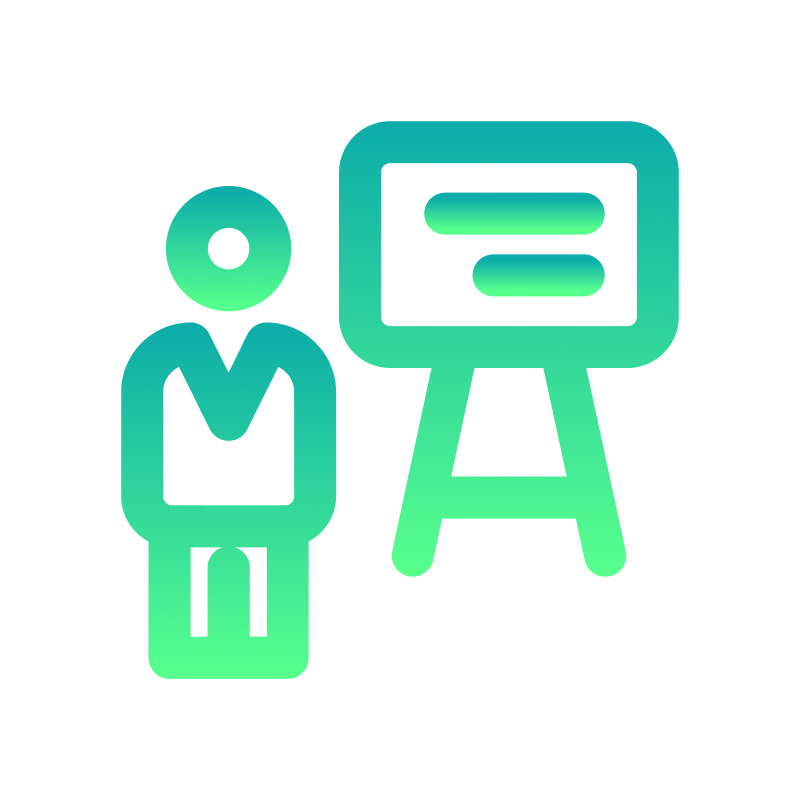 Icon of a person standing next to a presentation board with two lines of text.