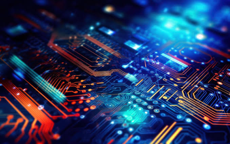 Close-up of a glowing circuit board with blue and orange neon traces and electronic components.