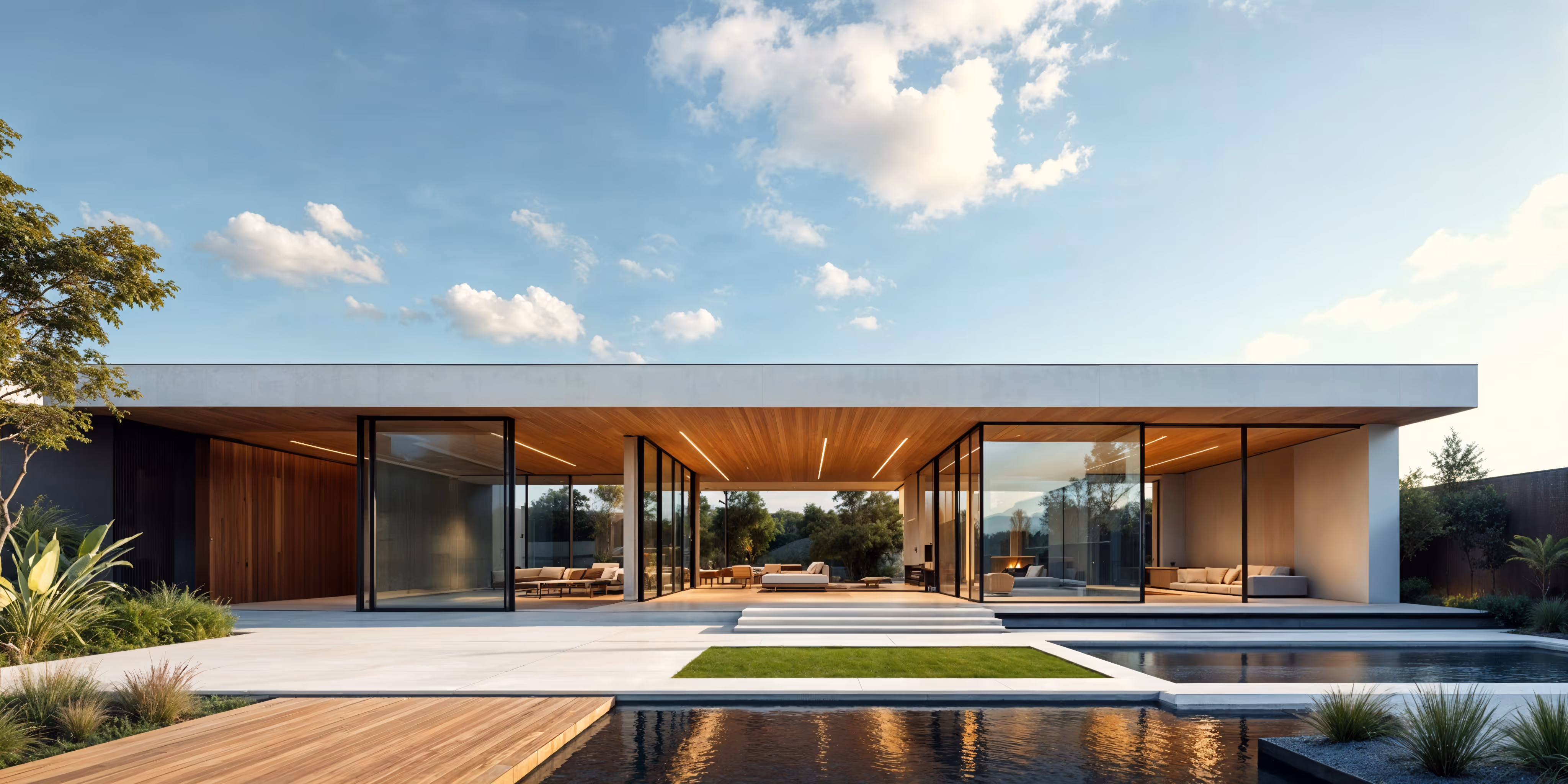 Exterior of a luxurious, modern single-story house with a flat roof, large floor-to-ceiling glass sliding doors, and a wood-paneled ceiling, opening onto a patio and a dark reflective swimming pool.