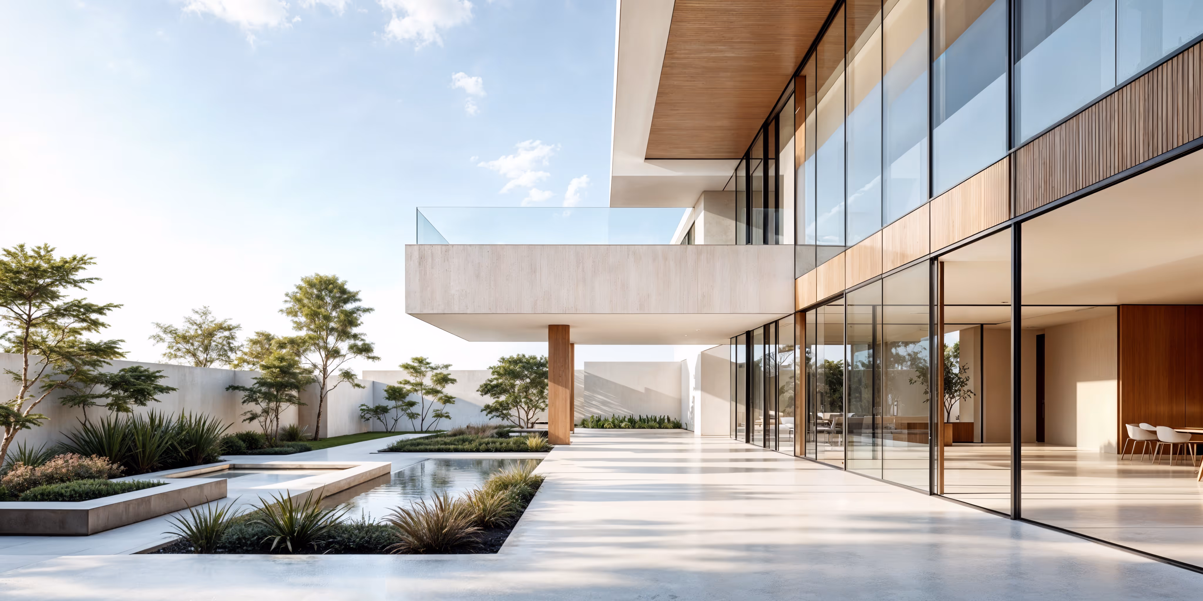 Exterior of a minimalist, luxury modern house featuring a long facade of floor-to-ceiling glass windows, an overhanging stone balcony, and a large, sleek patio with integrated reflecting ponds and contemporary landscaping.