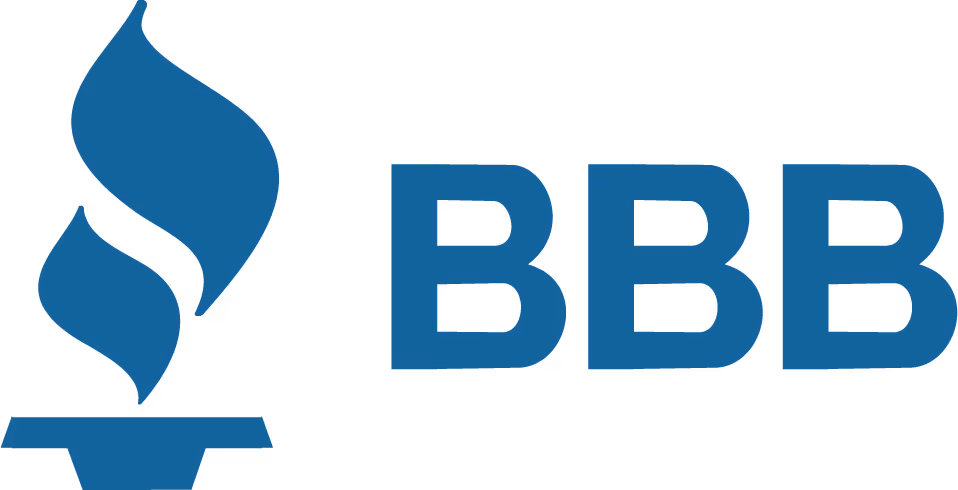 Logo for the Better Business Bureau (BBB), featuring a stylized blue torch or flame symbol next to the letters 'BBB' in a bold blue sans-serif font.