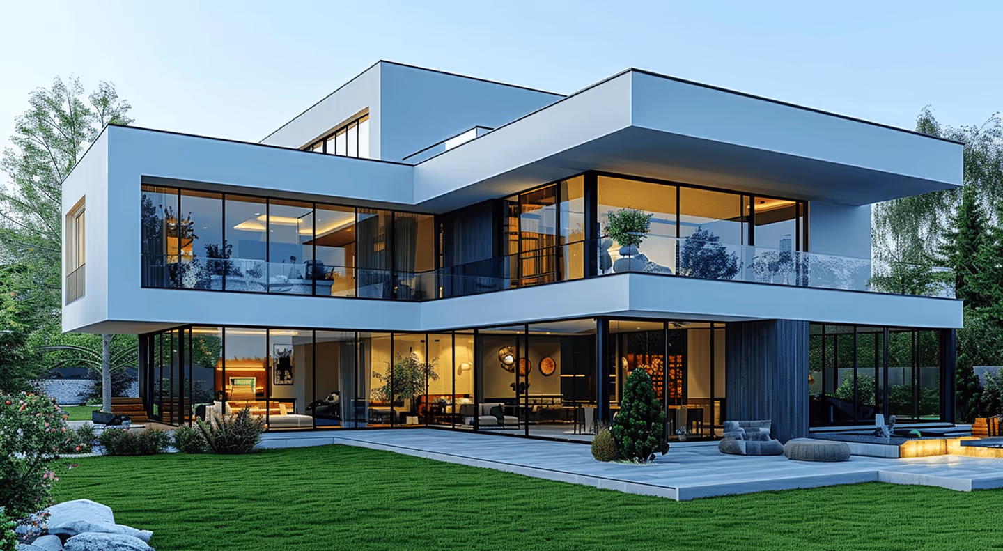 Modern two-story house with large glass windows, flat roofs, and a landscaped yard, featuring outdoor seating and greenery.
