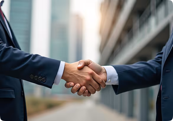 Business professionals shaking hands, symbolizing successful partnership and corporate agreement, with skyscrapers in the background.
