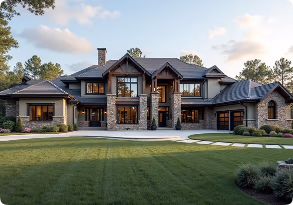 Exterior of a luxurious, large two-story custom home featuring a dark gray roof, earth-toned stucco and stone cladding, prominent stone pillars, and dark-trimmed windows, set against a manicured green lawn and surrounded by trees.