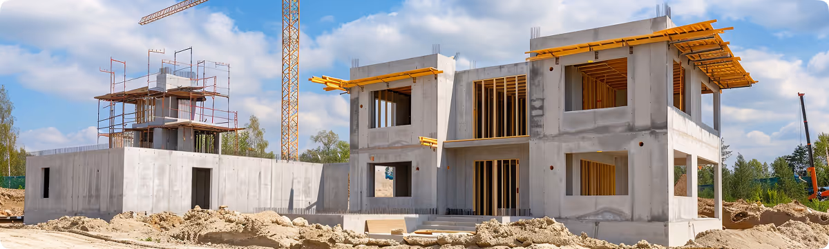 Construction site with a modern, unfinished two-story concrete house structure and an adjacent smaller structure, with wooden framing visible in window and door openings, under a blue sky with clouds. A tall yellow construction crane is visible in the background.