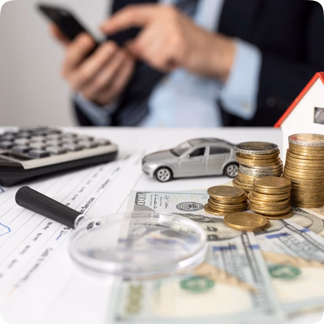 Concepto de inversión inmobiliaria en bodegón con un modelo de casa de papel pequeña, pilas de monedas de oro, un juego de llaves y pequeños dados matemáticos dispersos sobre una superficie rústica de madera.