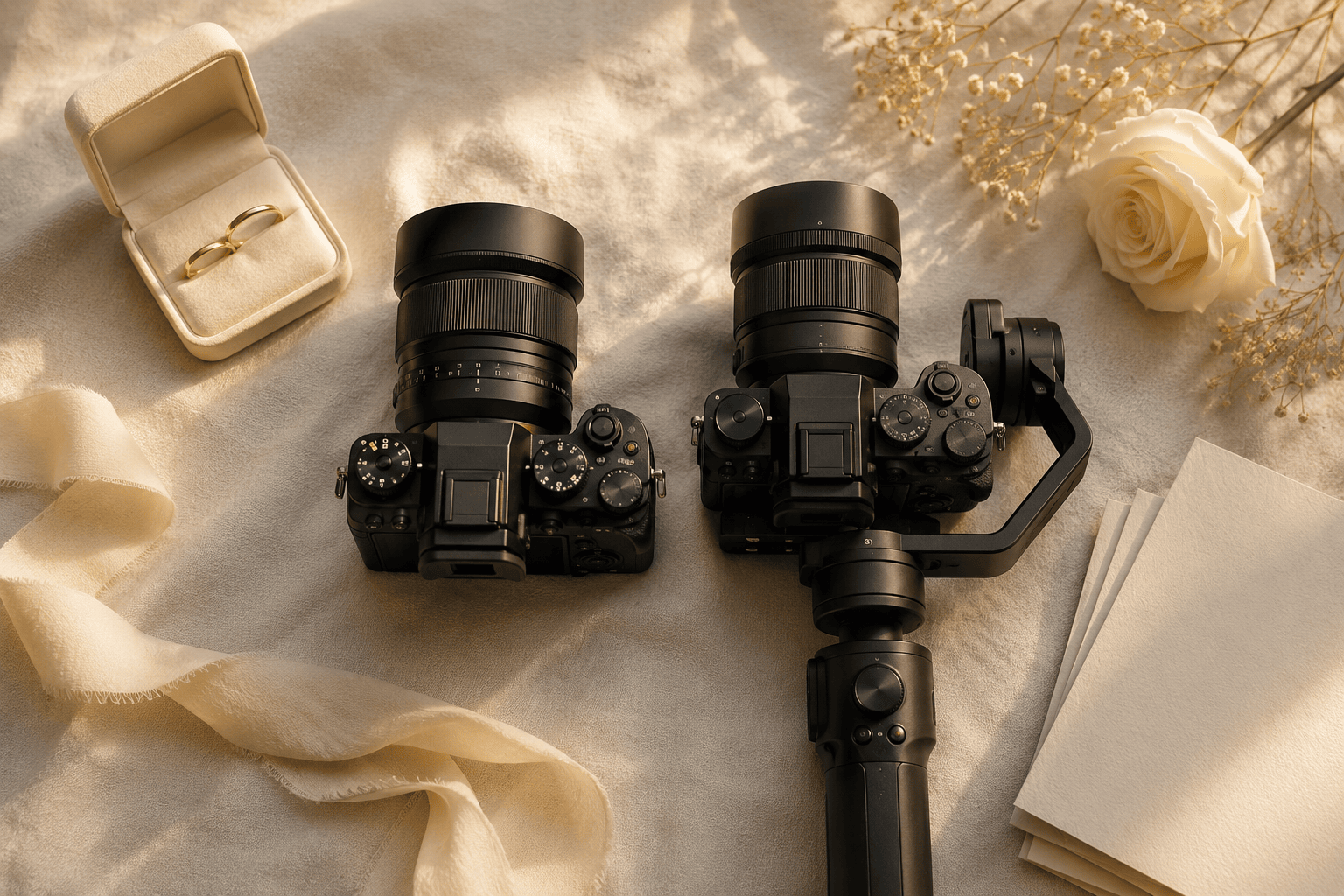 A professional stills camera and a video camera on a gimbal laid side by side on cream linen with wedding rings and dried flowers, representing one studio covering both wedding photography and videography