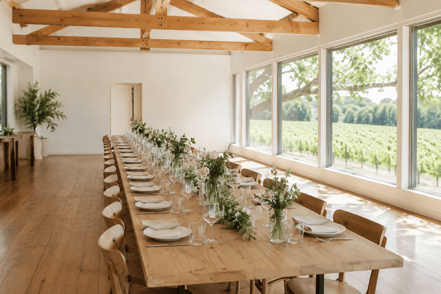 A simple indoor wedding reception space with a long wooden table, plain chairs and tall windows letting in natural daylight