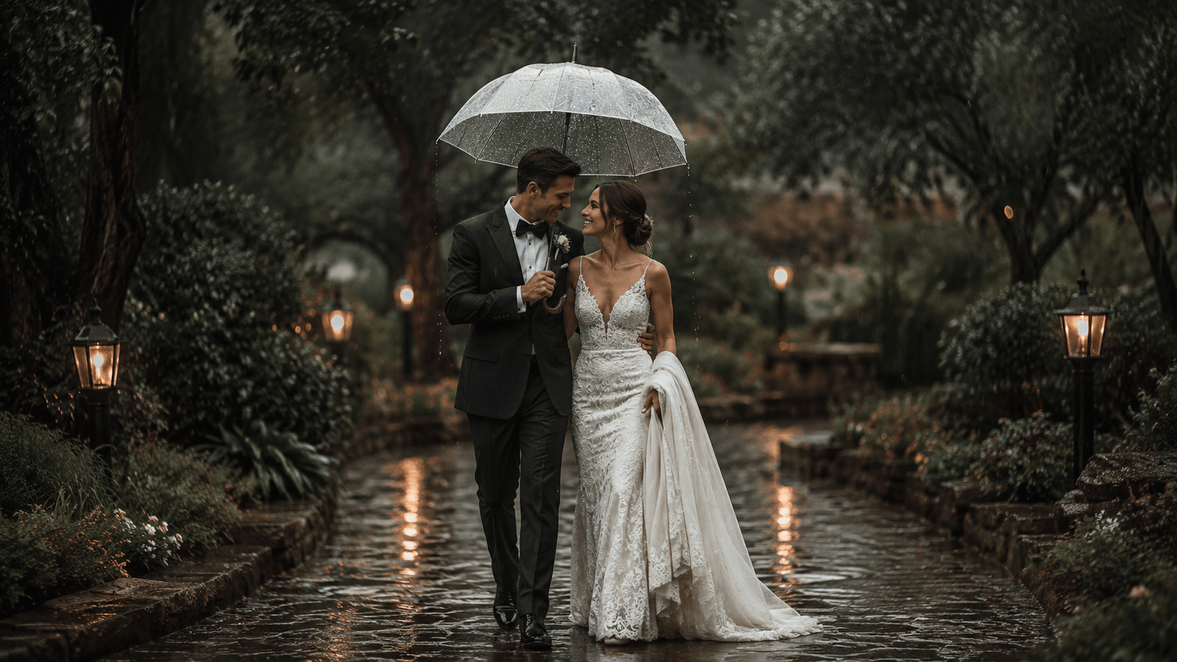 A couple sharing an umbrella in the rain on their wedding day, photographed in soft grey light