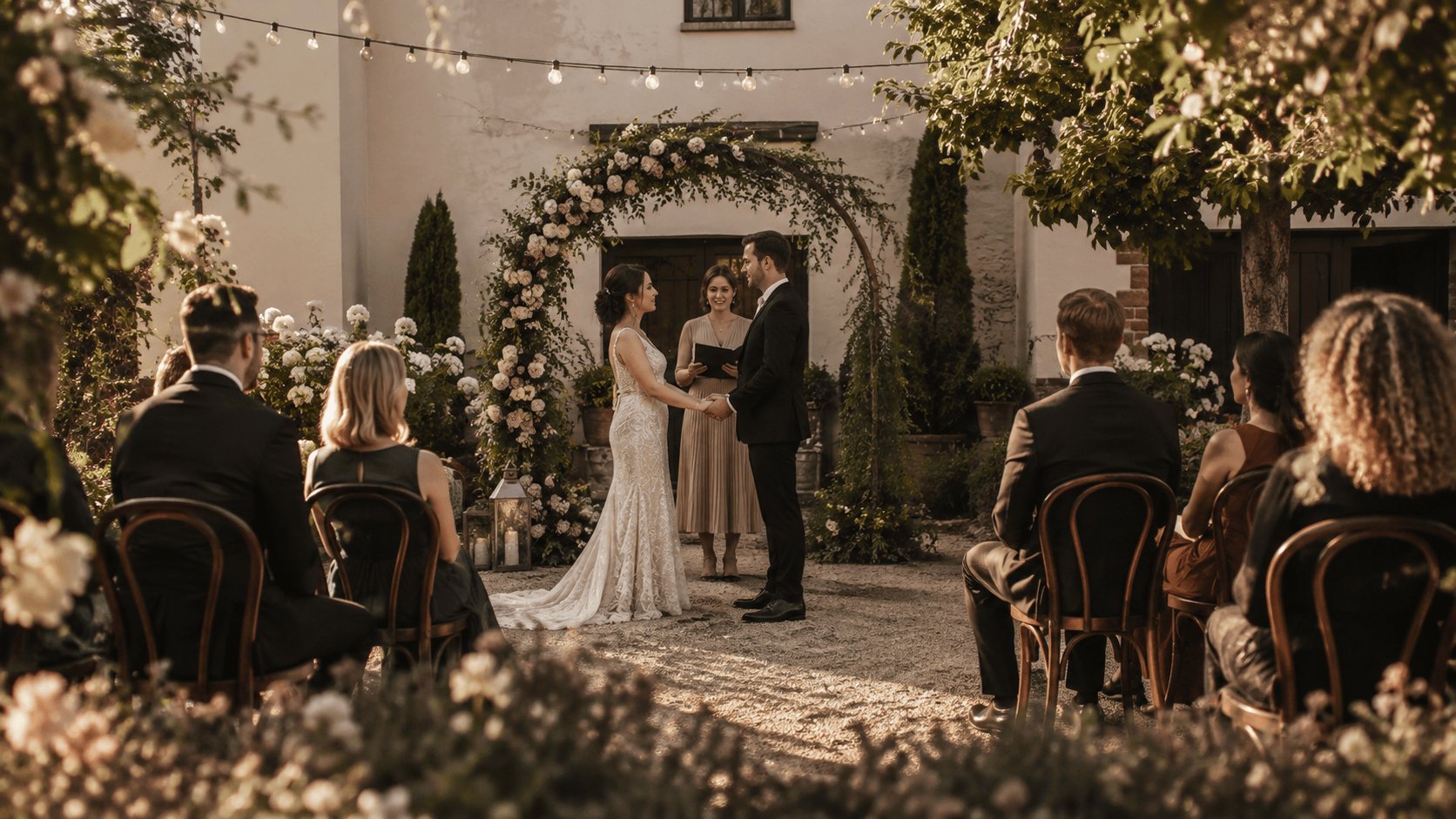 An intimate small wedding ceremony for a handful of guests at a boutique garden venue, photographed by Vantirra
