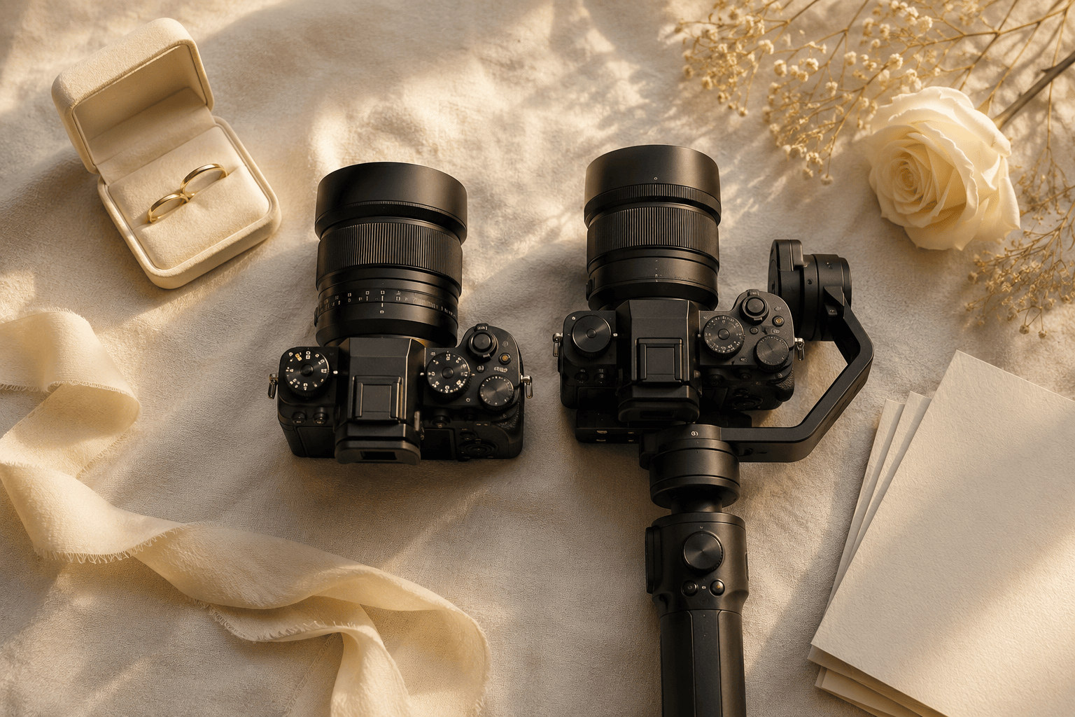 Stills camera and a gimbal video camera side by side on cream linen with wedding rings and dried flowers