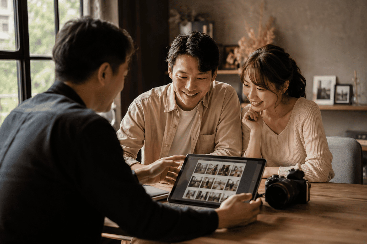 Couple smiling as they review wedding photos on a tablet with their photographer