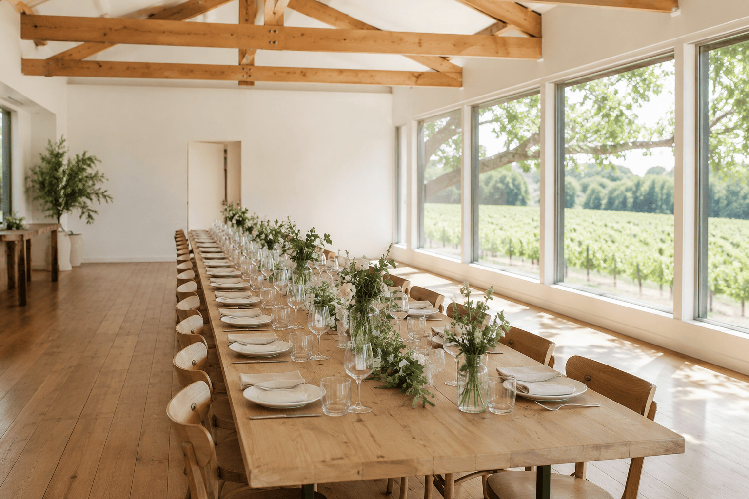 A simple indoor wedding reception space with a long wooden table, plain chairs and tall windows letting in natural daylight