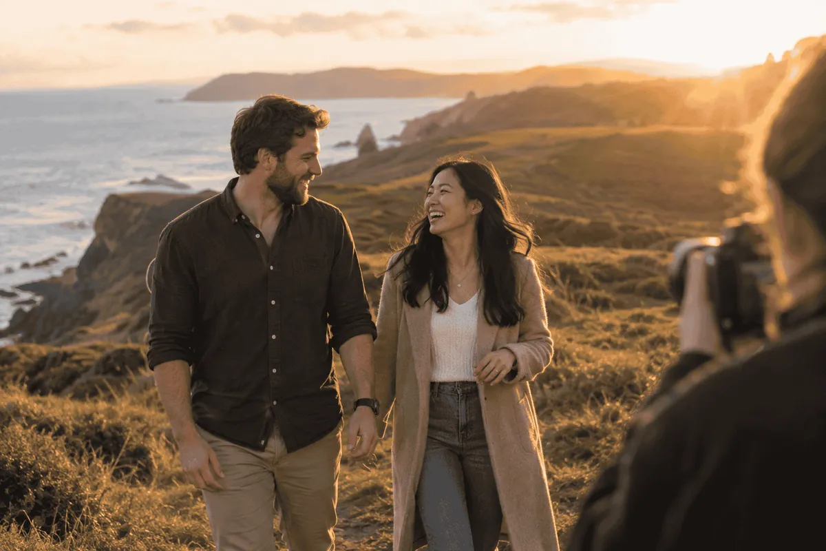 Engaged couple walking and laughing on a New Zealand coastal headland at golden hour