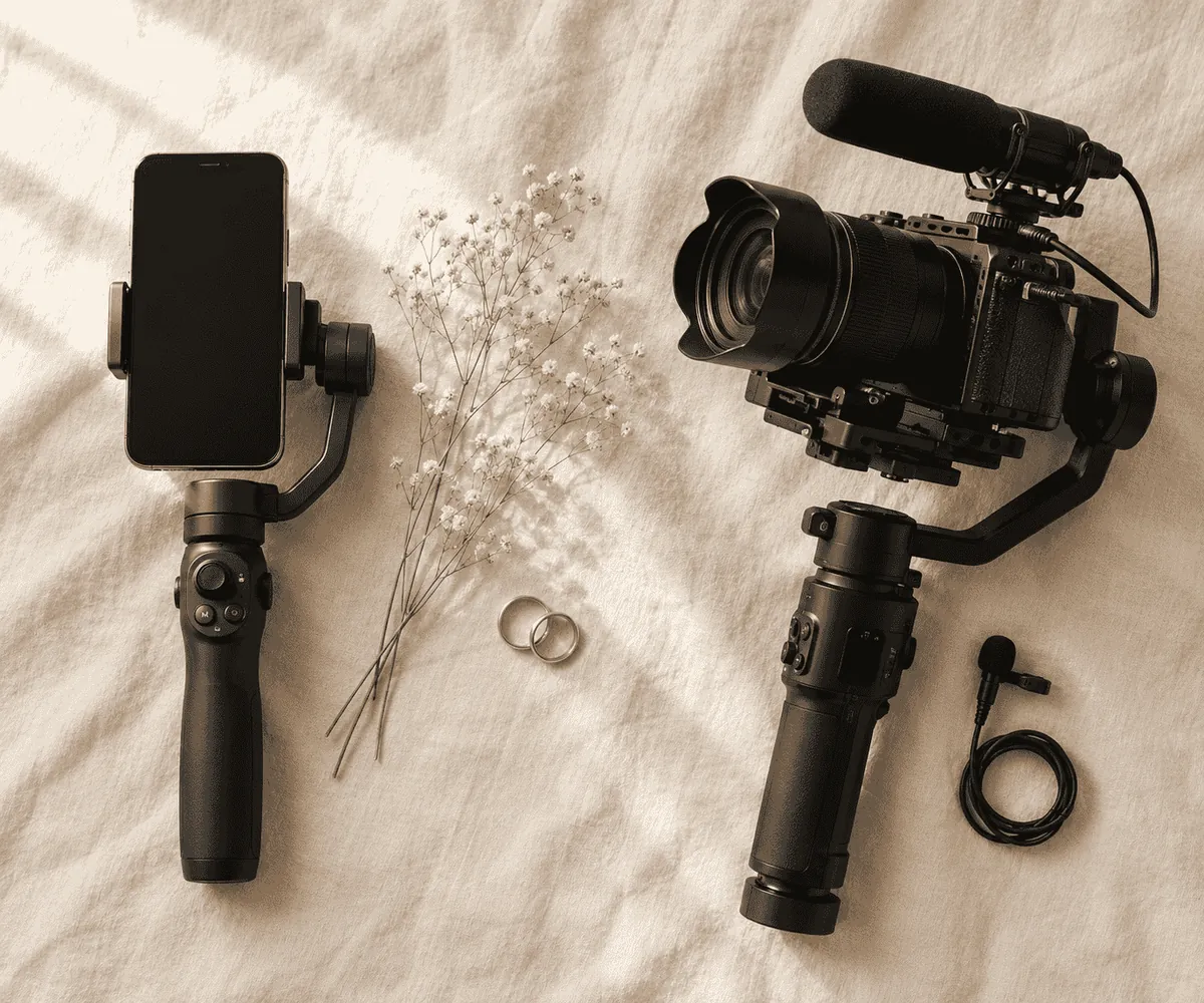 Smartphone on a gimbal beside a video camera with a shotgun mic, laid on cream linen