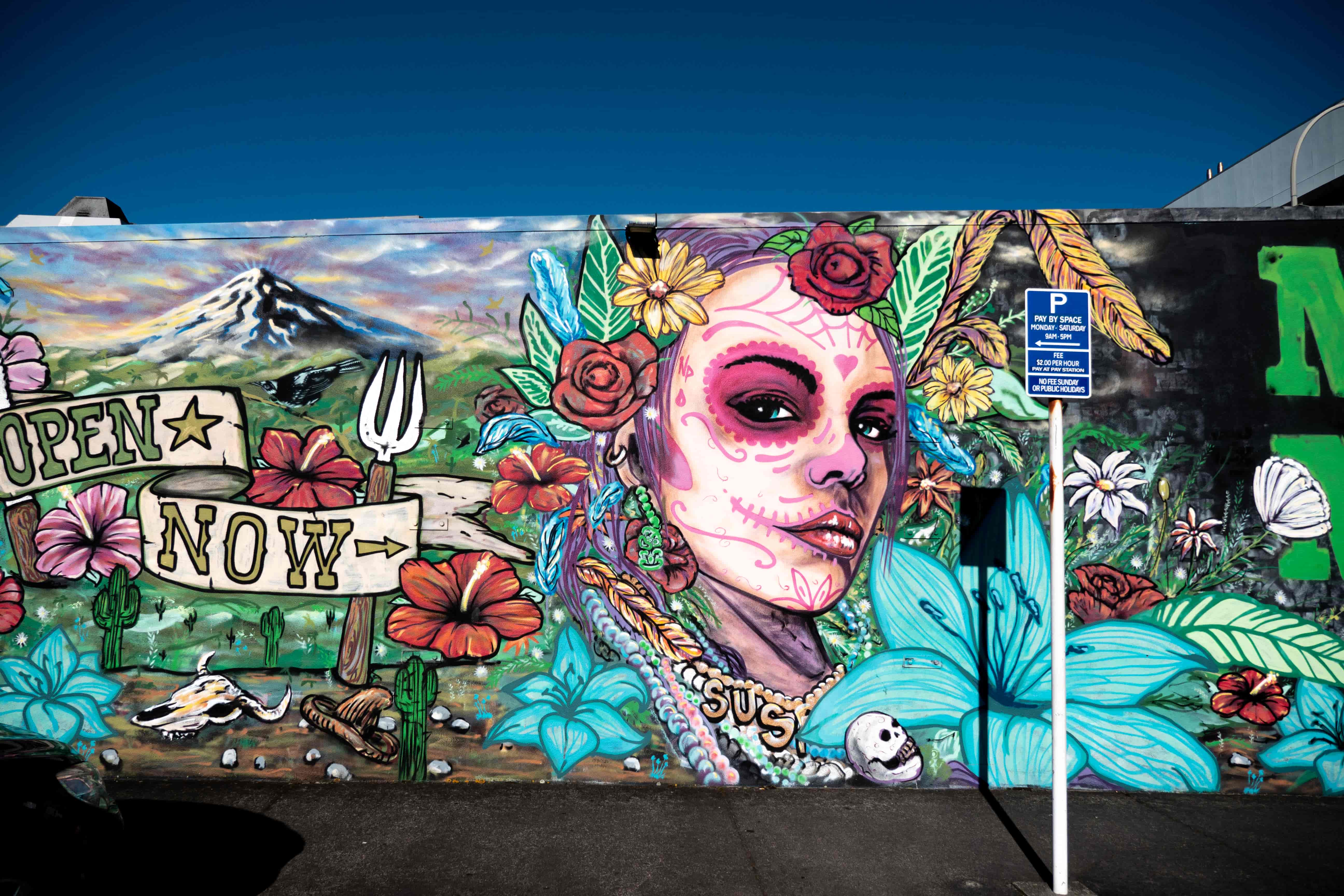 Colourful street mural of a sugar skull face, flowers and a snowy mountain with an Open Now sign