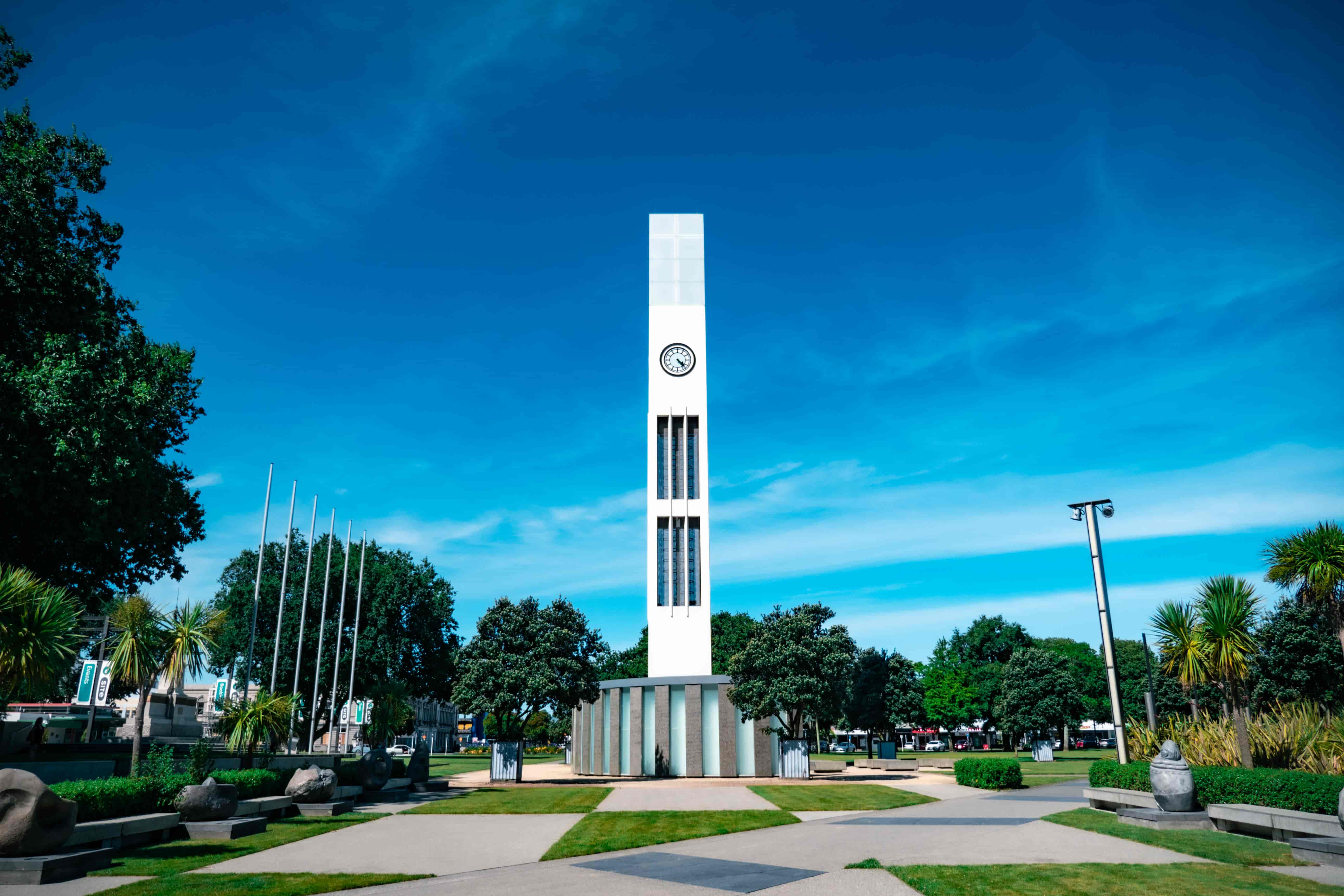 Clock tower in The Square, Palmerston North, under a clear blue sky