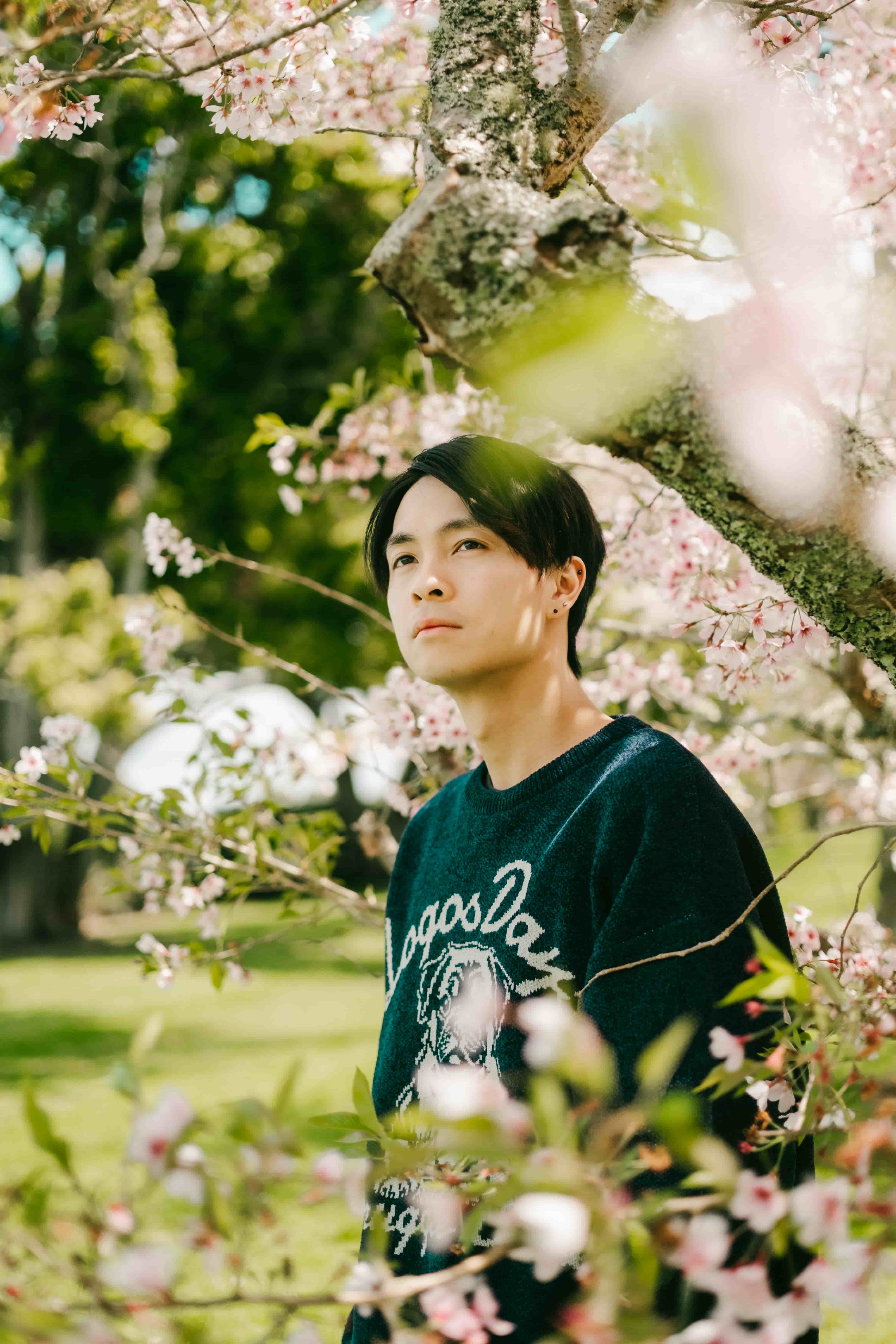 Blurred pink blossom in the foreground as a young man in a navy sweater looks into the distance