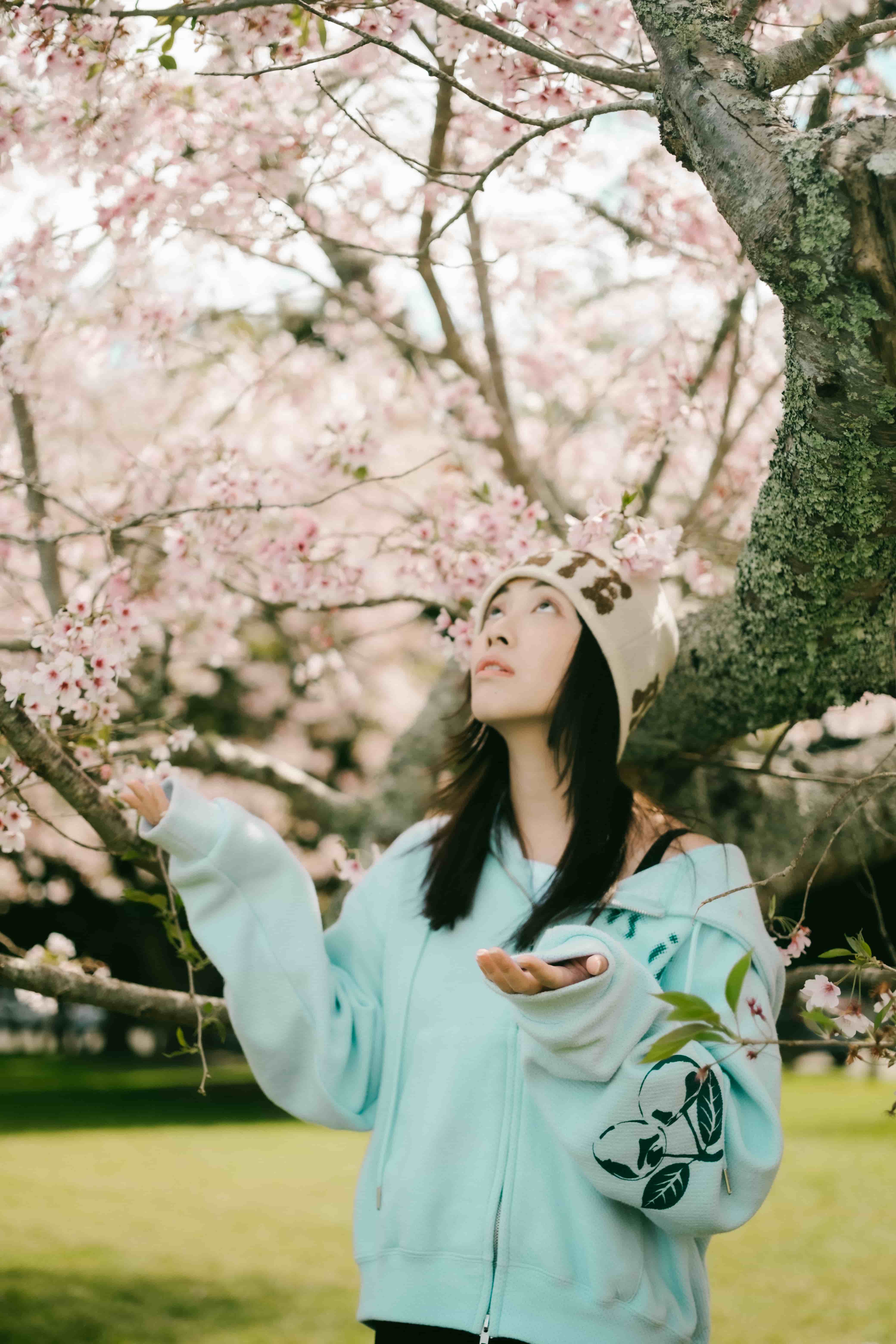 Young woman in a mint hoodie holding out an open palm as she looks up into the cherry blossom