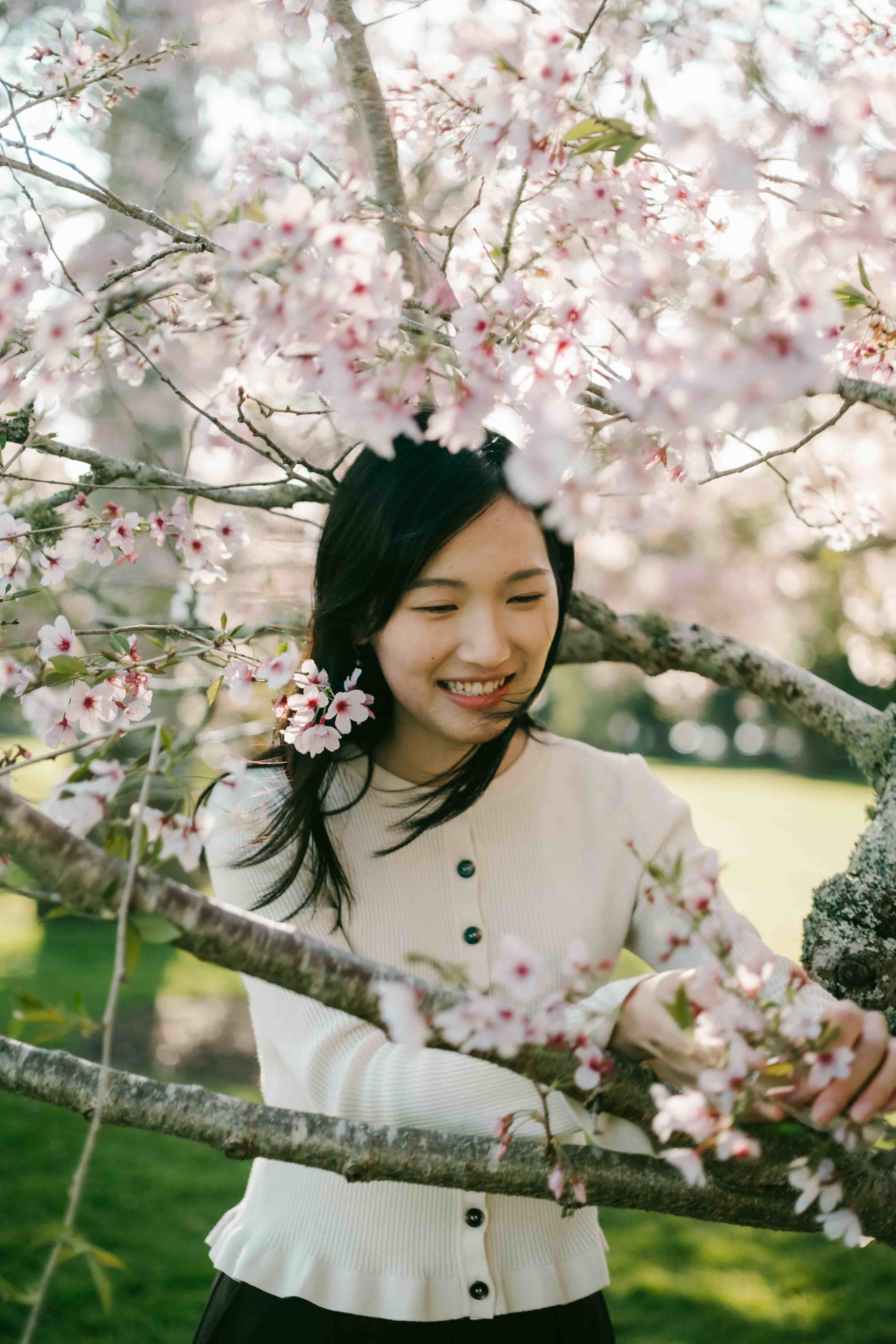 Young woman laughing with a cherry blossom tucked in her hair as she holds a flowering branch