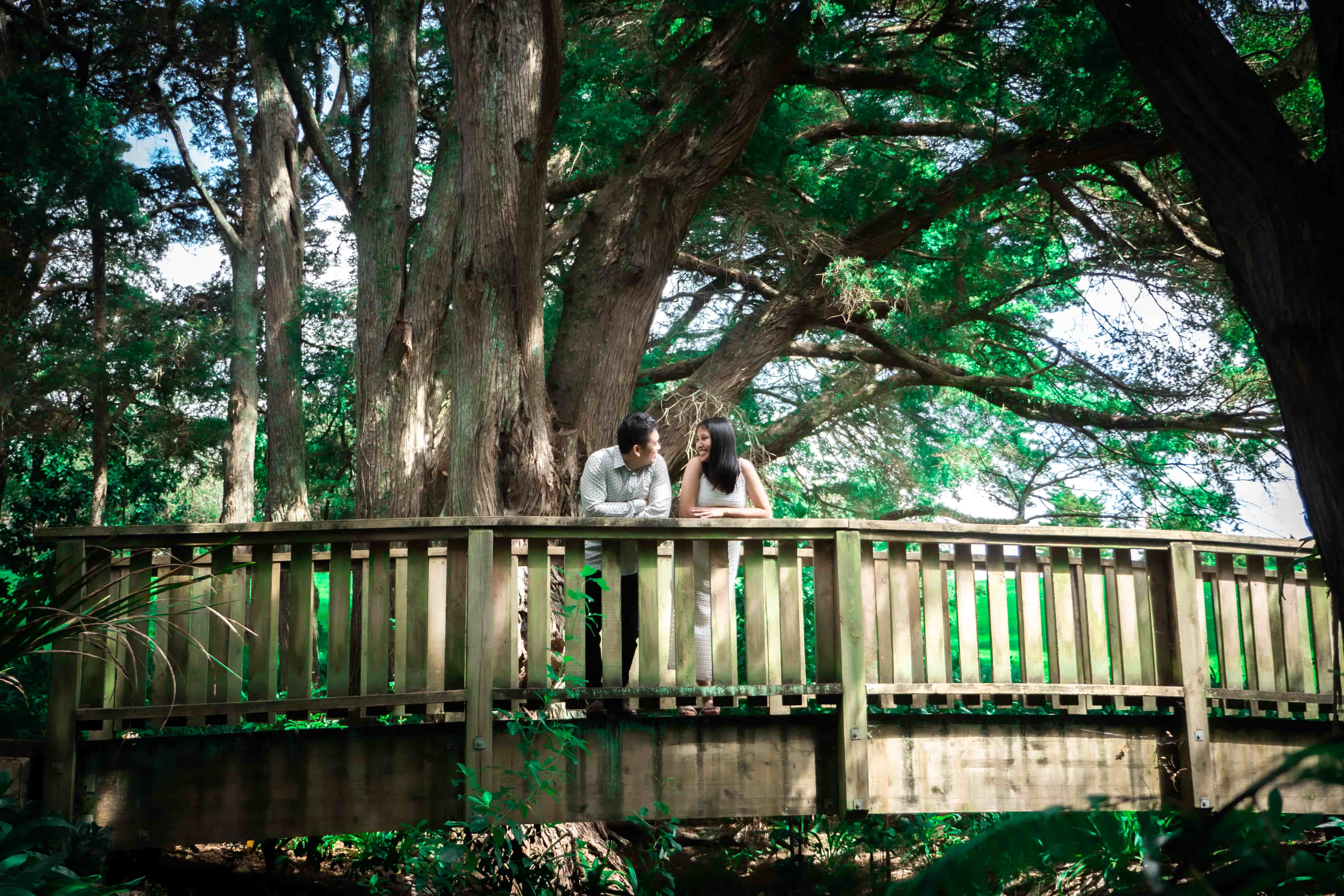 Lucas and Elisa on a wooden boardwalk beneath huge spreading trees