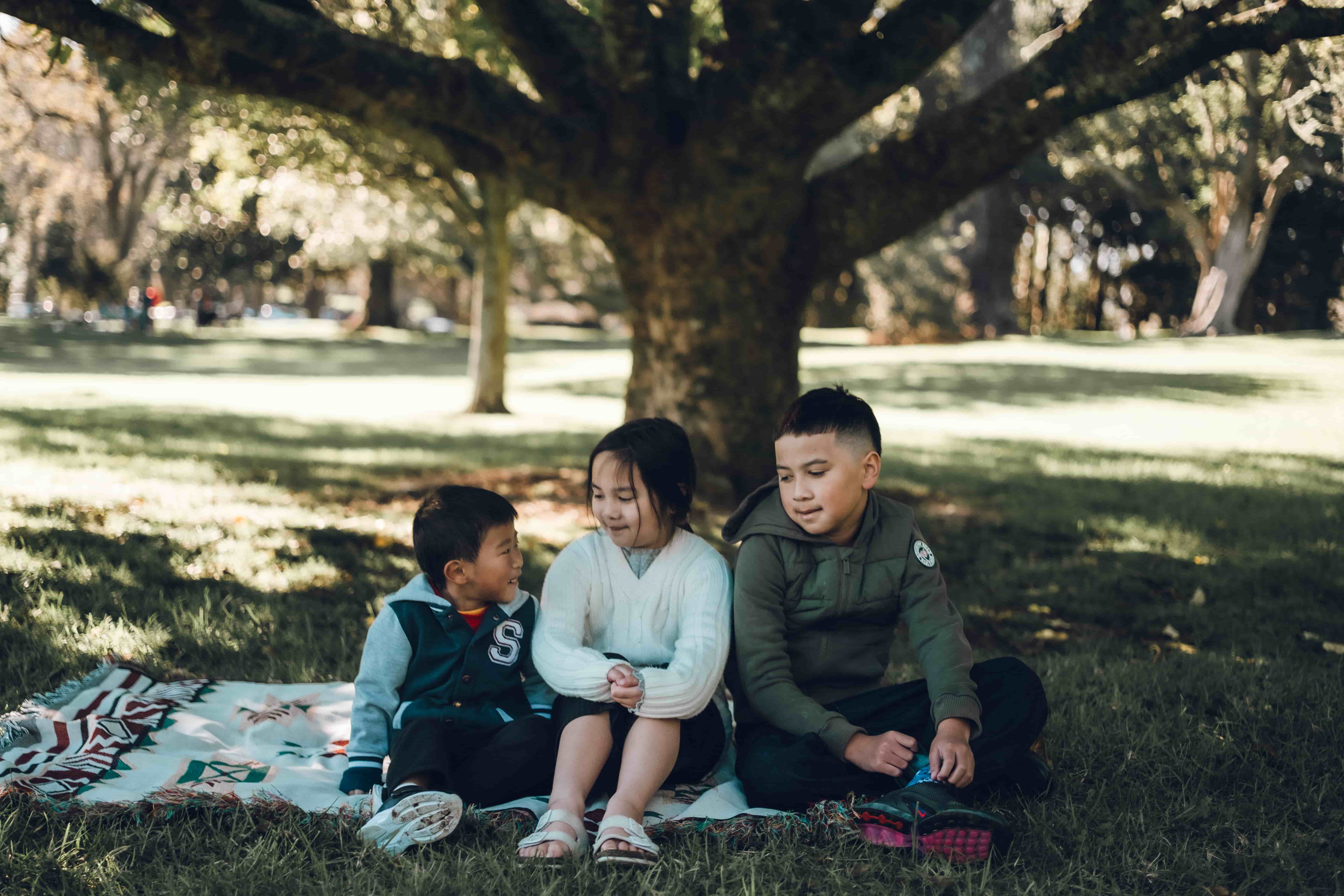 Three children on a picnic blanket, the youngest leaning in
