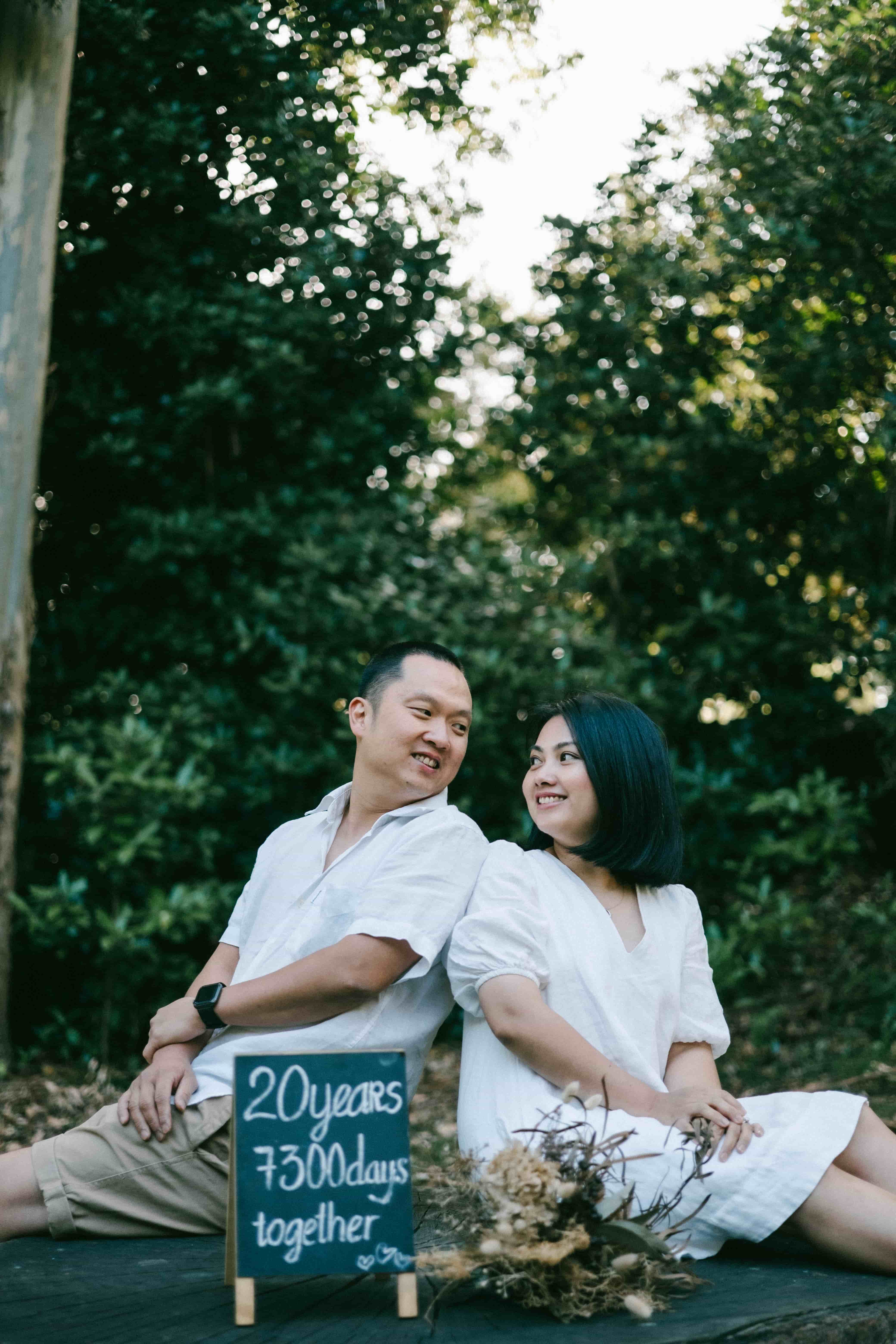 Couple glancing at each other, sitting back to back