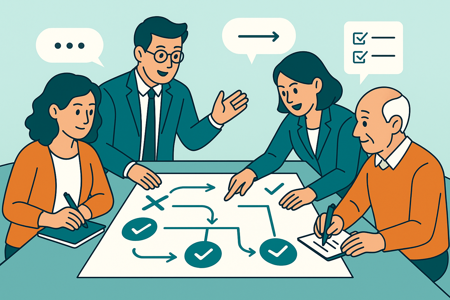 - illustration => Une illustration montrant une équipe réunie autour d’un grand plan, avec des éléments visuels comme des flèches, checklists et bulles de dialogue. Certains membres forment, d’autres prennent des notes.