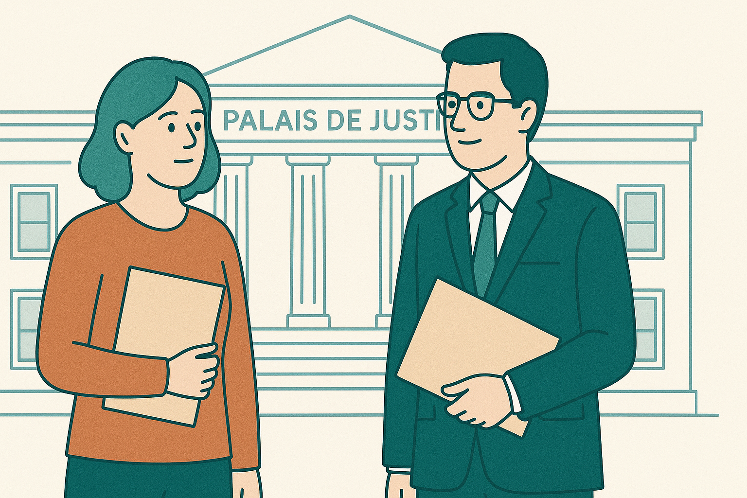 - illustration => Une photo montrant une femme adulte et son avocat discutant à l’extérieur d’un palais de justice. Ils tiennent un dossier ou des documents, avec en arrière-plan la façade reconnaissable d’un bâtiment judiciaire.