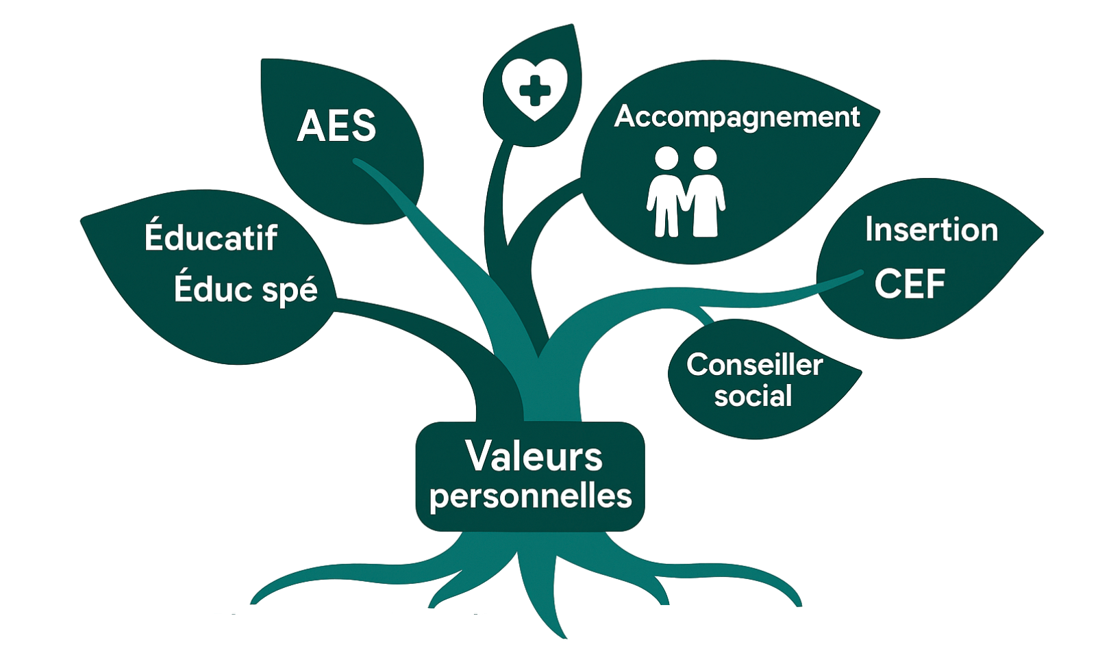 -visuel : Arbre des orientations possibles  Tronc = valeurs personnelles  Branches = grands types de métiers (éducatif, soin, accompagnement, insertion)  Feuilles = exemples concrets (AES, éduc spé, aide-soignant…)